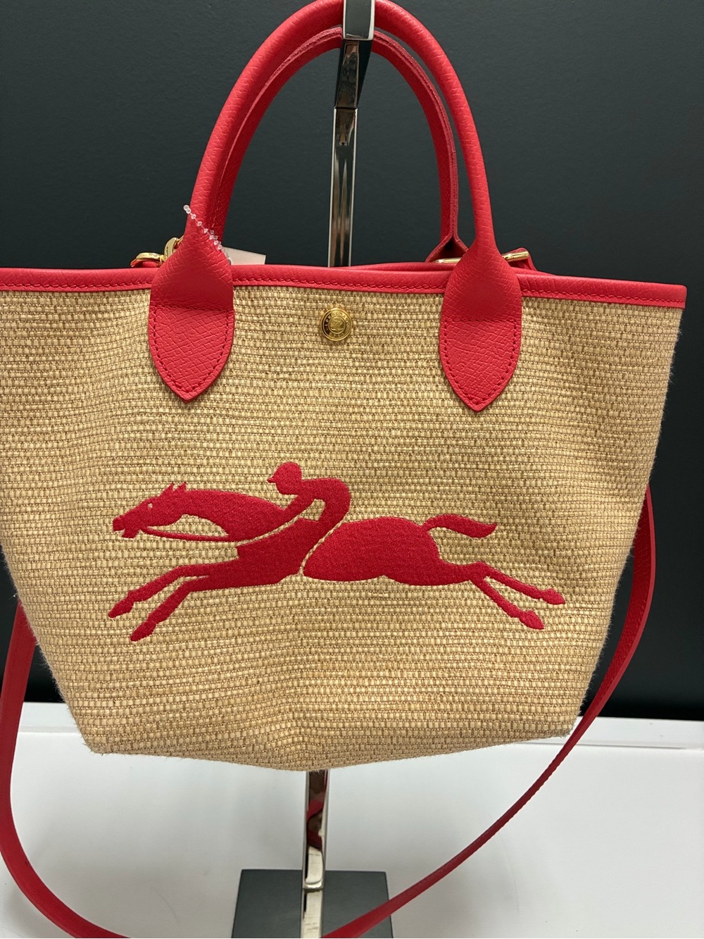 Longchamp Woven Straw Small Pilage with Coral Embroidered Logo